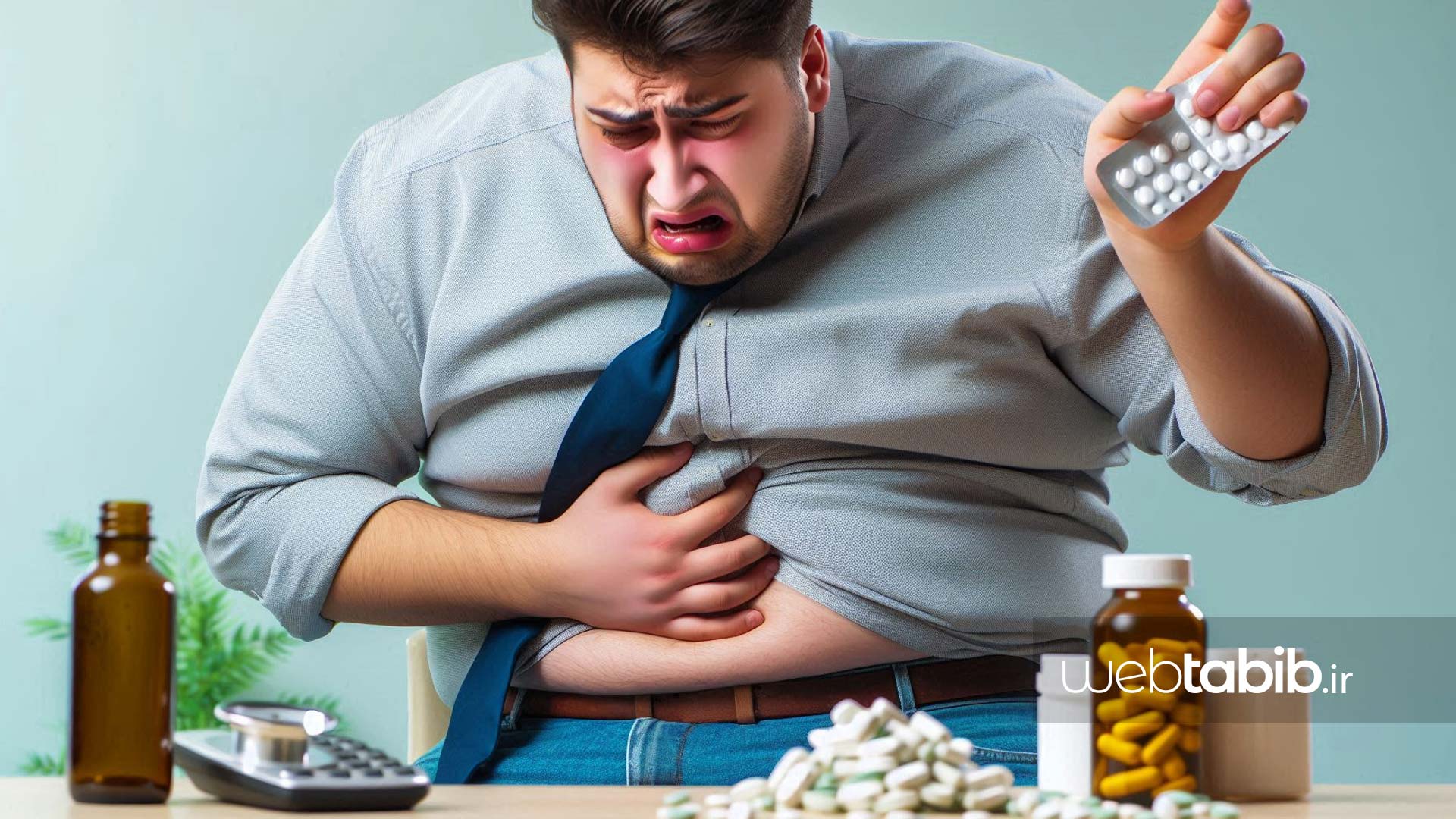 مرد چاق که درد شکم گرفته است